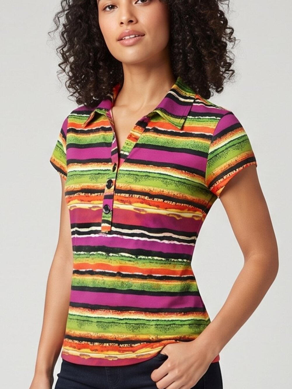 90s Vintage Style Fiori Striped Polo Colorful Short Sleeve Button Size L